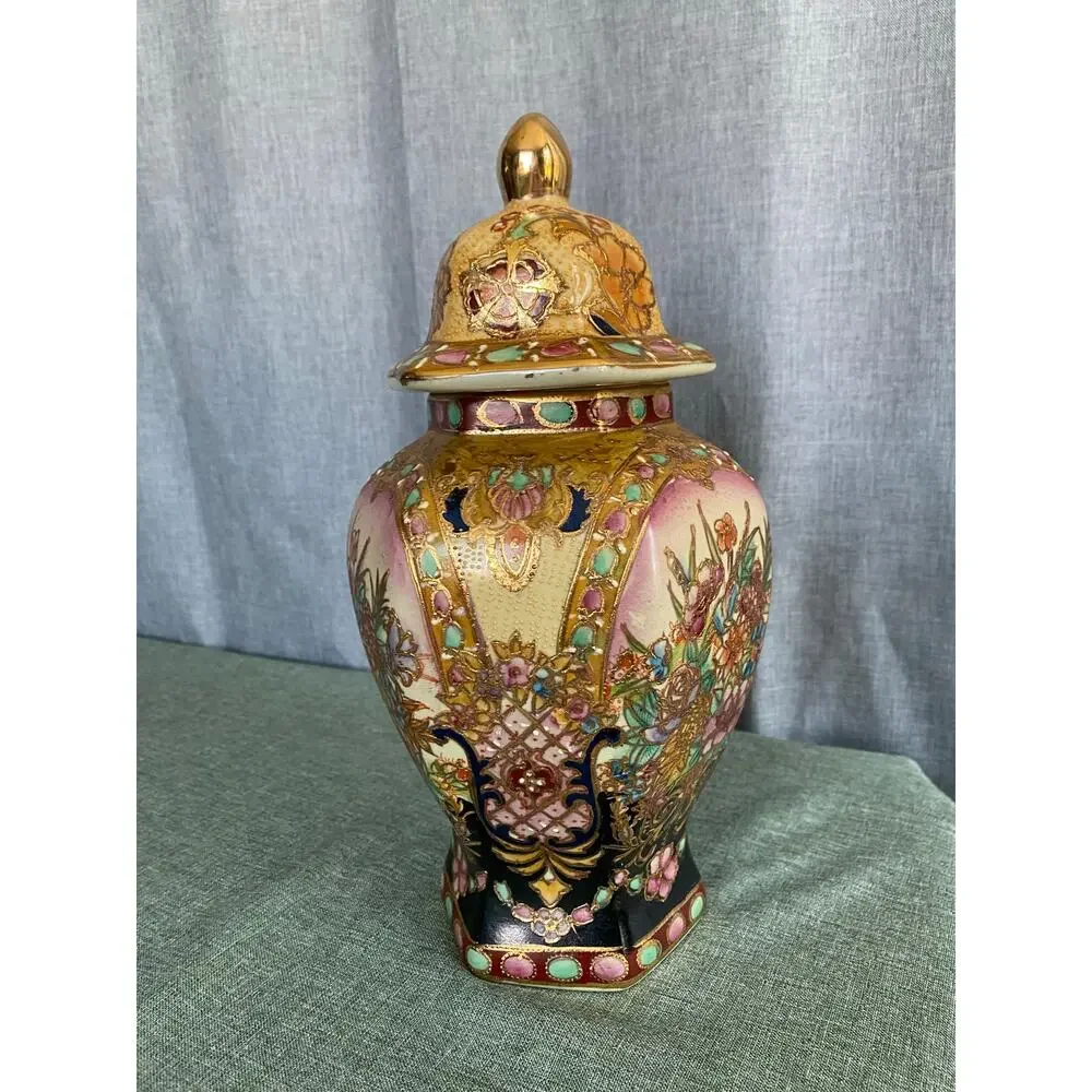 Vintage Satsuma Style Hexagonal Temple Jar Lidded Urn Floral Moriage Gold Gilt
